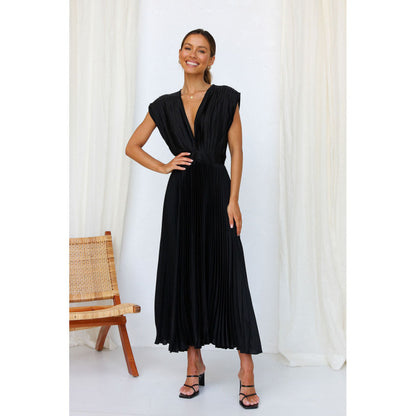 Elegant Dresses- Elegant Satin Pleated Tie-Back Plunge Midi Dress- Black- Pekosa Women Clothing