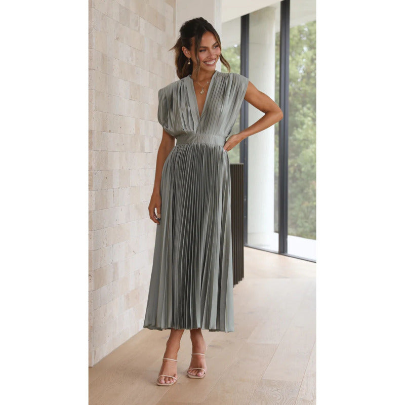 Elegant Dresses- Elegant Satin Pleated Tie-Back Plunge Midi Dress- Grey- Pekosa Women Clothing