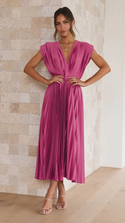 Elegant Dresses- Elegant Satin Pleated Tie-Back Plunge Midi Dress- Rose- Pekosa Women Clothing