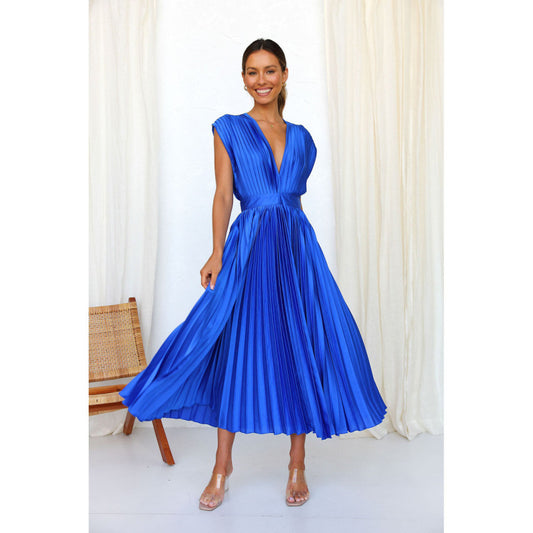 Elegant Dresses- Elegant Satin Pleated Tie-Back Plunge Midi Dress- Blue- Pekosa Women Clothing