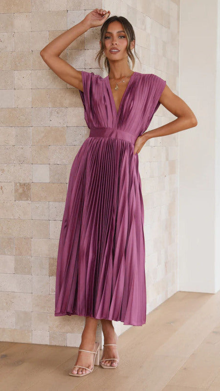 Elegant Dresses- Elegant Satin Pleated Tie-Back Plunge Midi Dress- Purple- Pekosa Women Clothing