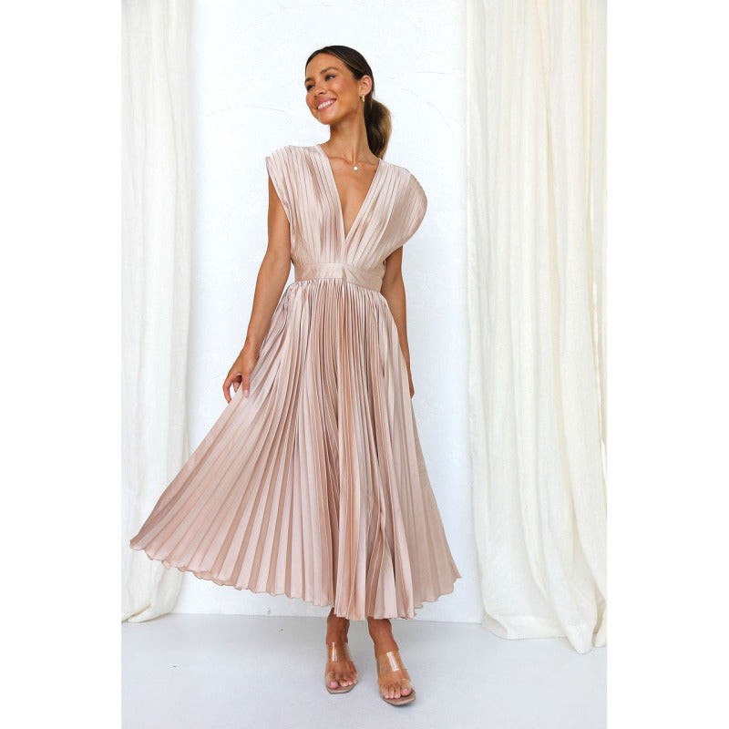 Elegant Dresses- Elegant Satin Pleated Tie-Back Plunge Midi Dress- Pink- Pekosa Women Clothing