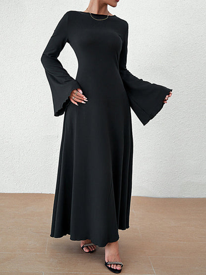 Elegant Dresses- Elegant Solid A-Line Maxi Dress with Flared Sleeves & Lace-Up Back- - Pekosa Women Clothing