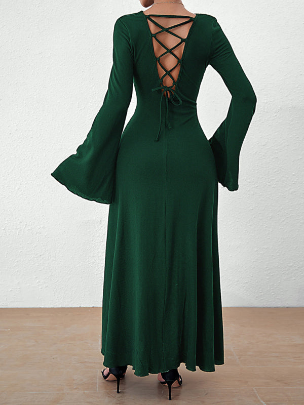 Elegant Dresses- Elegant Solid A-Line Maxi Dress with Flared Sleeves & Lace-Up Back- - Pekosa Women Clothing