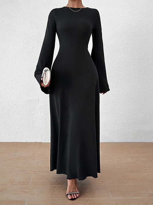 Elegant Dresses- Elegant Solid A-Line Maxi Dress with Flared Sleeves & Lace-Up Back- Black- Pekosa Women Clothing
