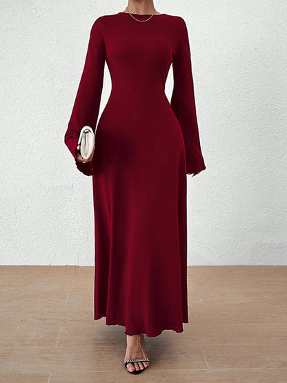 Elegant Dresses- Elegant Solid A-Line Maxi Dress with Flared Sleeves & Lace-Up Back- Wine Red- Pekosa Women Clothing