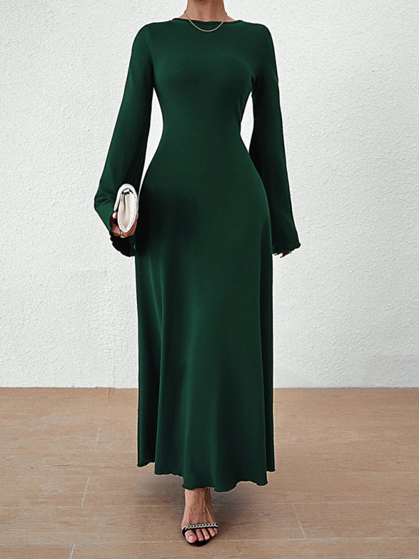 Elegant Dresses- Elegant Solid A-Line Maxi Dress with Flared Sleeves & Lace-Up Back- Green black jasper- Pekosa Women Clothing