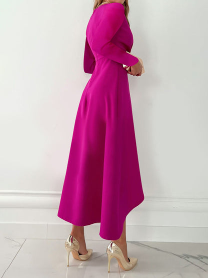 Elegant Dresses- Elegant Solid Faux Wrap Ruffle V-Neck Long Sleeve Dress- - Pekosa Women Clothing