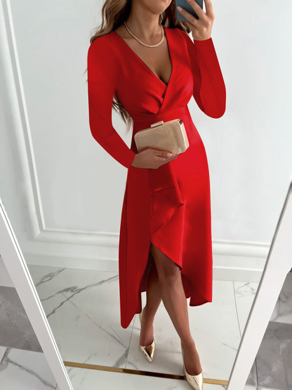 Elegant Dresses- Elegant Solid Faux Wrap Ruffle V-Neck Long Sleeve Dress- Red- Pekosa Women Clothing