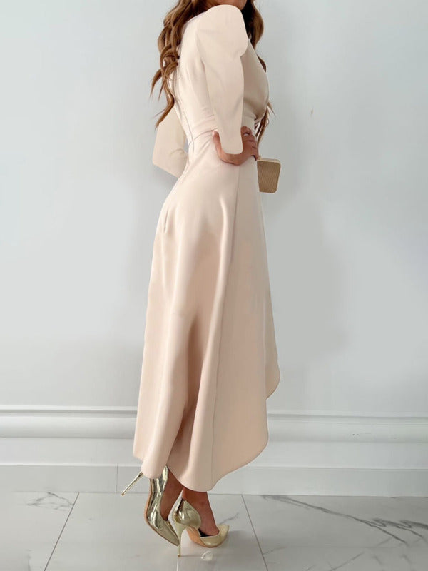 Elegant Dresses- Elegant Solid Faux Wrap Ruffle V-Neck Long Sleeve Dress- - Pekosa Women Clothing