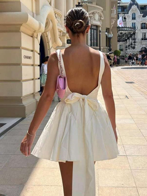 Elegant Dresses- Elegant Square Neck Bow Tie Backless Flared Mini Dress- - Pekosa Women Clothing