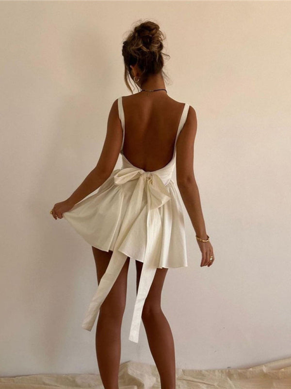 Elegant Dresses- Elegant Square Neck Bow Tie Backless Flared Mini Dress- - Pekosa Women Clothing