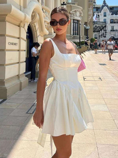 Elegant Dresses- Elegant Square Neck Bow Tie Backless Flared Mini Dress- White- Pekosa Women Clothing