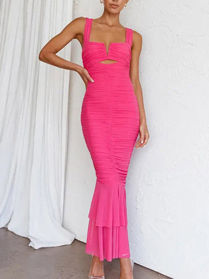 Elegant Dresses- Mesh Bandage Mermaid Gown - Ruched Trumpet Dress- Rose- Pekosa Women Fashion