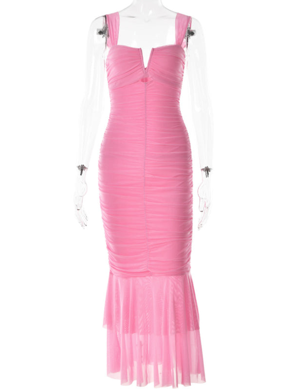 Elegant Dresses- Mesh Bandage Mermaid Gown - Ruched Trumpet Dress- Pink- Pekosa Women Fashion