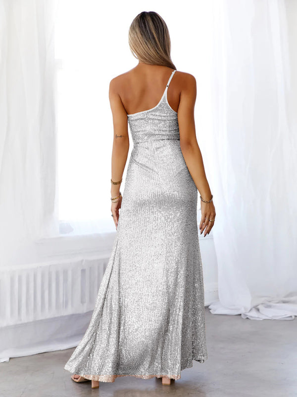 Elegant Dresses- Red Carpet Sequin One-Shoulder Slit Maxi Dress- - Pekosa Women Clothing