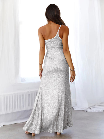 Elegant Dresses- Red Carpet Sequin One-Shoulder Slit Maxi Dress- - Pekosa Women Clothing