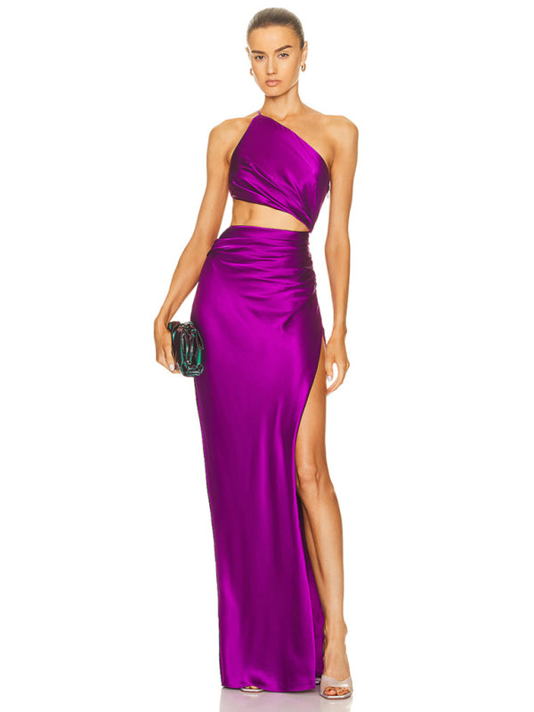 Elegant Dresses- Satin One-Shoulder Dress for Elegant Wedding Guests- Purple- Pekosa Women Clothing