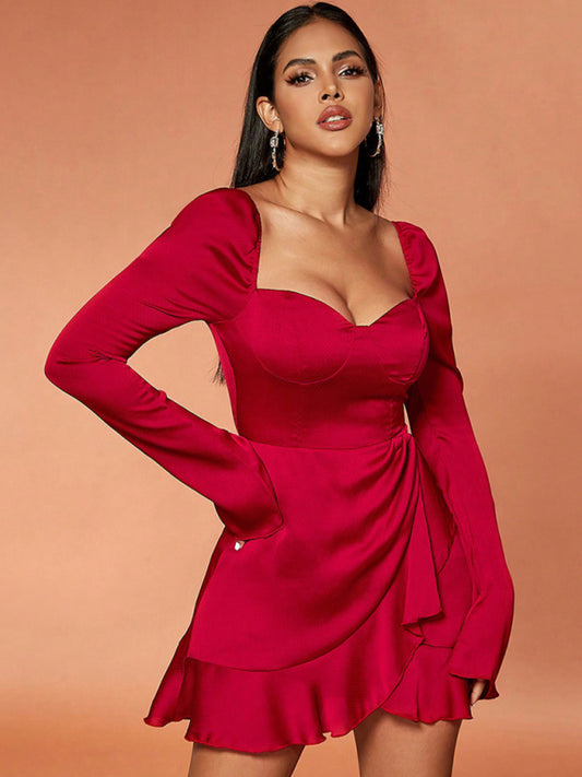 Elegant Dresses- Satin Sweetheart A-Line Mini Dress with Long Bell Sleeves & Ruffle Hem- Red- Pekosa Women Clothing