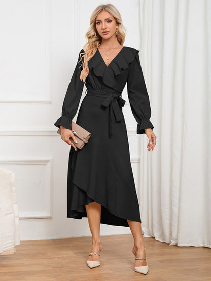 Elegant Dresses- Solid Wrap and Tie-Belt Dress for Fall Cocktails- - Pekosa Women Clothing