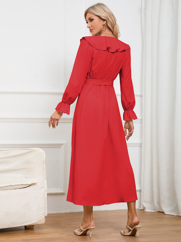 Elegant Dresses- Solid Wrap and Tie-Belt Dress for Fall Cocktails- - Pekosa Women Clothing