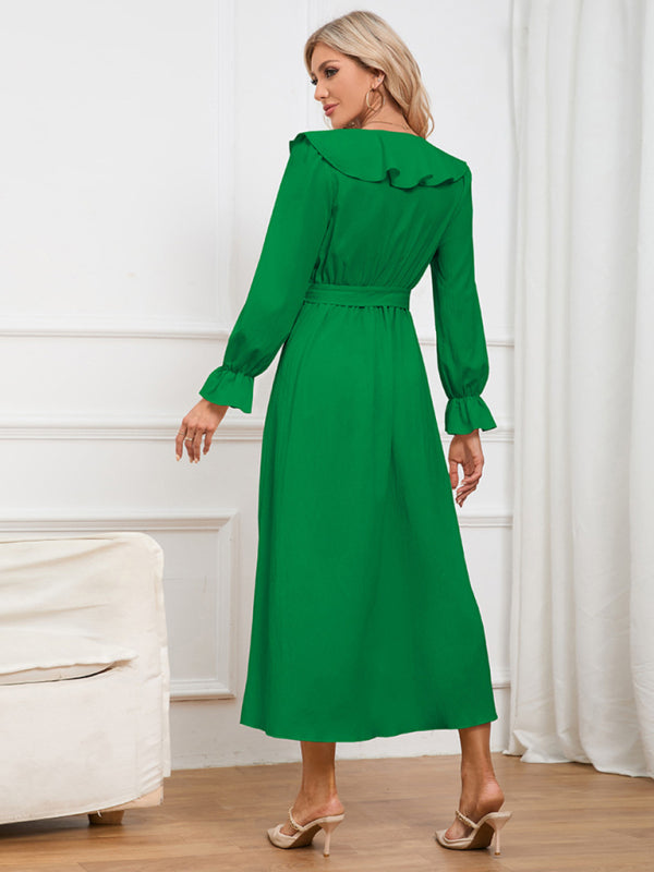 Elegant Dresses- Solid Wrap and Tie-Belt Dress for Fall Cocktails- - Pekosa Women Clothing