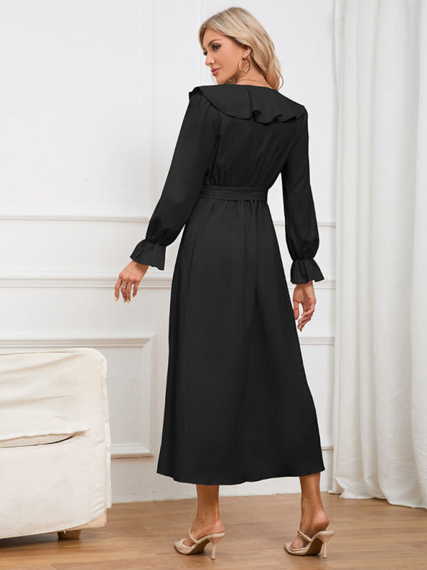 Elegant Dresses- Solid Wrap and Tie-Belt Dress for Fall Cocktails- - Pekosa Women Clothing