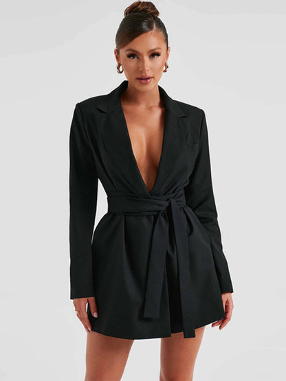 Elegant Dresses- Wedding Guest Plunging Neckline Wrap Mini Dress with Long Sleeves- Black- Pekosa Women Clothing