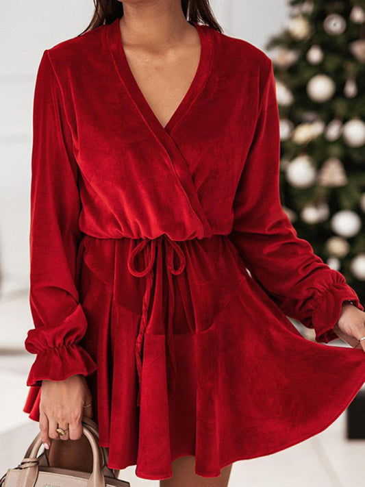 Elegant Dresses- Winter Velvet Surplice V Neck Long Sleeve Mini Dress- Red- Pekosa Women Clothing