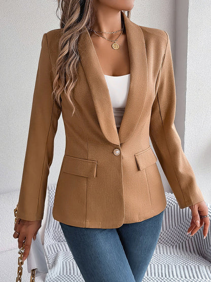 Elegant Jackets- One Button Shawl Lapel Blazer in Solid Single Breasted- Khaki- Pekosa Women Clothing