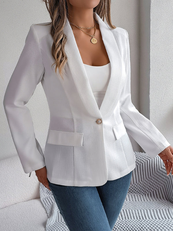 Elegant Jackets- One Button Shawl Lapel Blazer in Solid Single Breasted- White- Pekosa Women Clothing