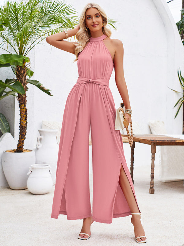 Elegant Jumpsutis- Belted Cocktail Jumpsuit - Elegant Halter Neck Playsuit- Pink- Pekosa Women Fashion