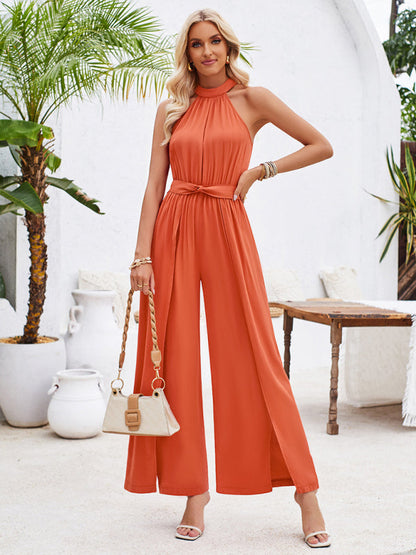 Elegant Jumpsutis- Belted Cocktail Jumpsuit - Elegant Halter Neck Playsuit- Orange- Pekosa Women Fashion