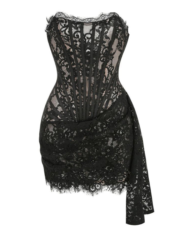 Elegant Mini Dresses- Elegant Evening Lace Corset Mini Dress with Draped Tail- - Pekosa Women Clothing