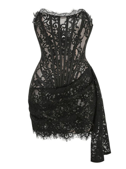 Elegant Mini Dresses- Elegant Evening Lace Corset Mini Dress with Draped Tail- - Pekosa Women Clothing