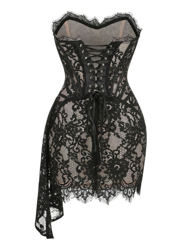 Elegant Mini Dresses- Elegant Evening Lace Corset Mini Dress with Draped Tail- - Pekosa Women Clothing