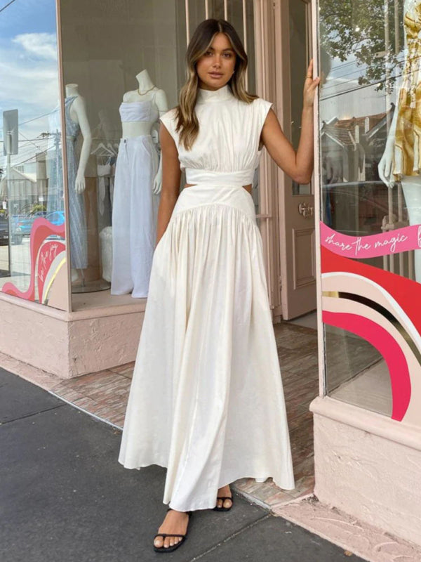 Elegant Summer Dresses- Elegant A-Line Maxi Dress with Stand Collar & Cutout Back- White- Pekosa Women Clothing