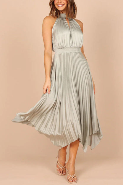 Elegant dresses- Cocktail Satin Pleated Sleeveless Elegant Choker Midi Dress- Misty grey- Pekosa Women Clothing