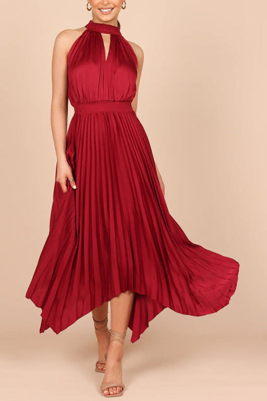 Elegant dresses- Cocktail Satin Pleated Sleeveless Elegant Choker Midi Dress- Wine Red- Pekosa Women Clothing