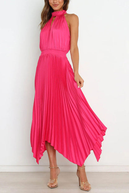 Elegant dresses- Cocktail Satin Pleated Sleeveless Elegant Choker Midi Dress- Rose- Pekosa Women Clothing