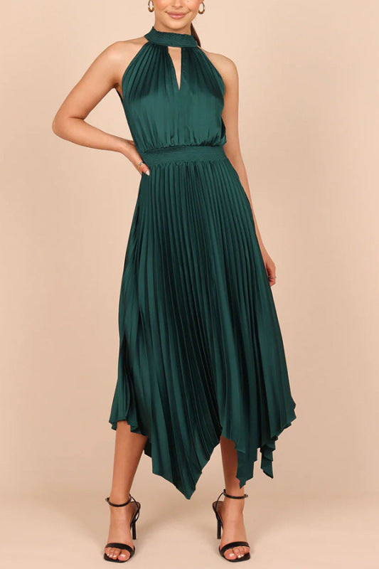 Elegant dresses- Cocktail Satin Pleated Sleeveless Elegant Choker Midi Dress- Green black jasper- Pekosa Women Clothing