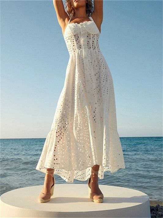 Embroidery Dresses- Romantic Embroidered Eyelet Flounce Balconette Midi Dress- White- Pekosa Women Clothing