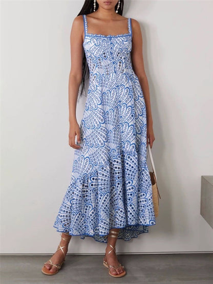 Embroidery Dresses- Romantic Embroidered Eyelet Flounce Balconette Midi Dress- Blue- Pekosa Women Clothing