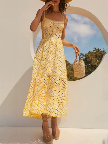 Embroidery Dresses- Romantic Embroidered Eyelet Flounce Balconette Midi Dress- Yellow- Pekosa Women Clothing