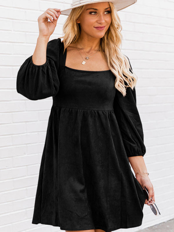 Empire Dresses- Lantern Sleeve Square Neck Empire Dress- Black- Pekosa Women Clothing