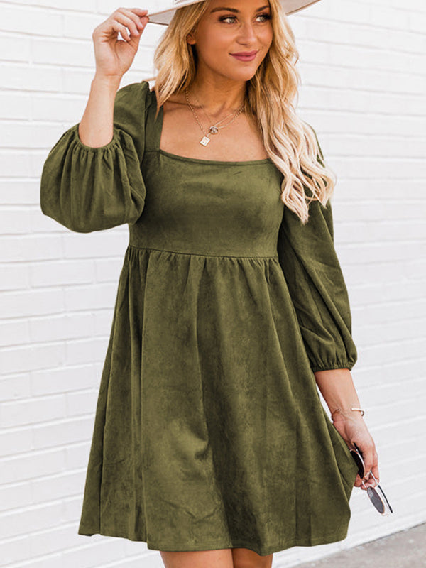 Empire Dresses- Lantern Sleeve Square Neck Empire Dress- Green- Pekosa Women Clothing