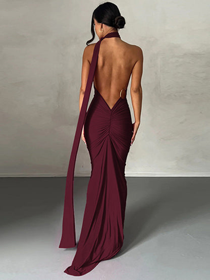 Evening Dresses- Cocktail Parties Couture Backless Tail Maxi Dress- Wine Red- Pekosa Women Clothing