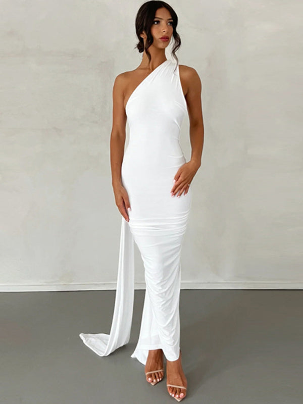 Evening Dresses- Cocktail Parties Couture Backless Tail Maxi Dress- White- Pekosa Women Clothing