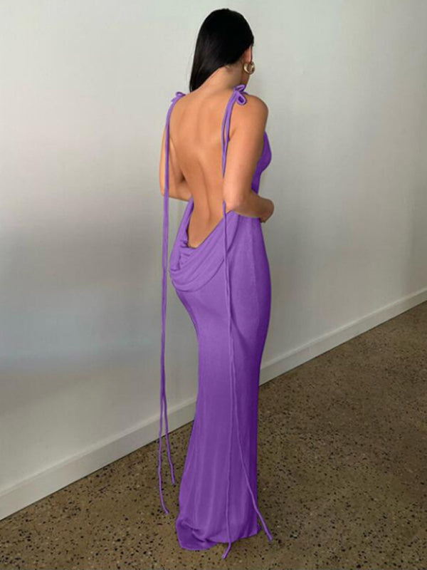 Evening Dresses- Elegant Backless Wedding Guest Draped Evening Dress- Purple- Pekosa Women Clothing