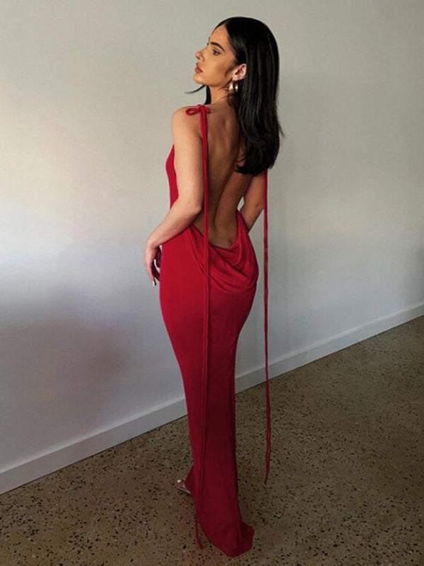 Evening Dresses- Elegant Backless Wedding Guest Draped Evening Dress- Red- Pekosa Women Clothing